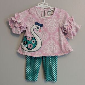 Rare Editions Girls Pink Teal Swan Applique Shirt Leggings Outfit - 6/9 Months